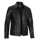 Men's Black Shirt Collar Classic Leather Jacket | Harrington