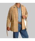 Mens Leather Cowboy Suede Jacket With Fringes Beads