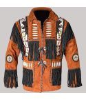Native Western American Cowboy Brown Suede Leather Black Fringes Beads Coat for Men