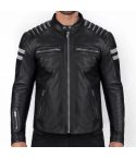 Men's Black Jacket with White Stripes | Premium Leather Biker Jacket