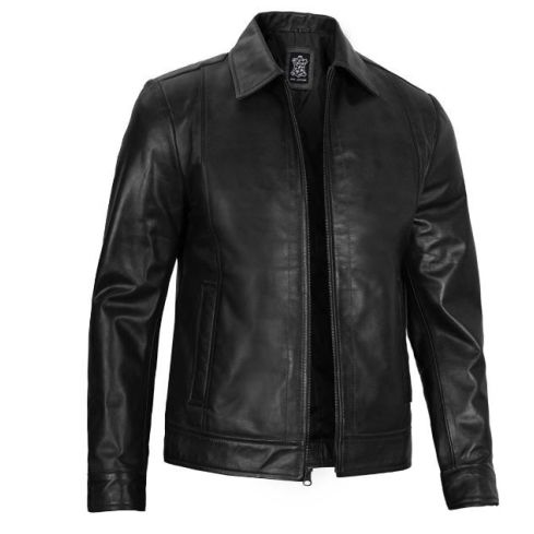 Men's Black Shirt Collar Classic Leather Jacket | Harrington