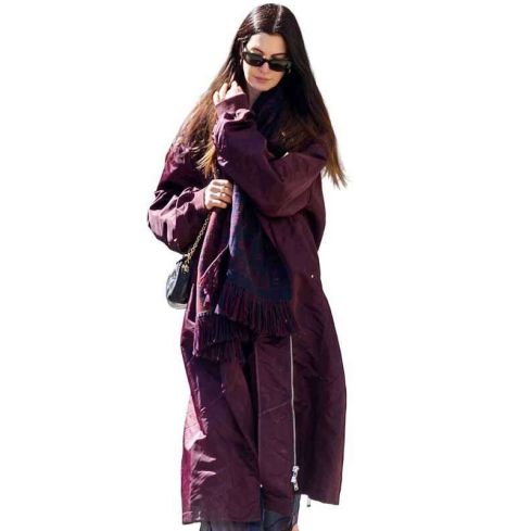 Anne Hathaway NYC 2026 Maroon Long Bomber Coat