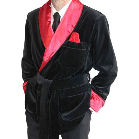 Black Smoking Jacket With Red Velvet Collar & Cuffs