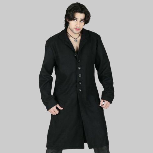 Black Button Down Long Lapel Coat For Men