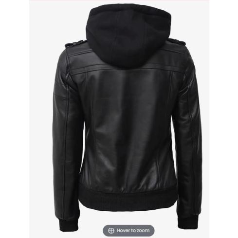 Women's Bomber Black Leather Jacket with Removable Hood