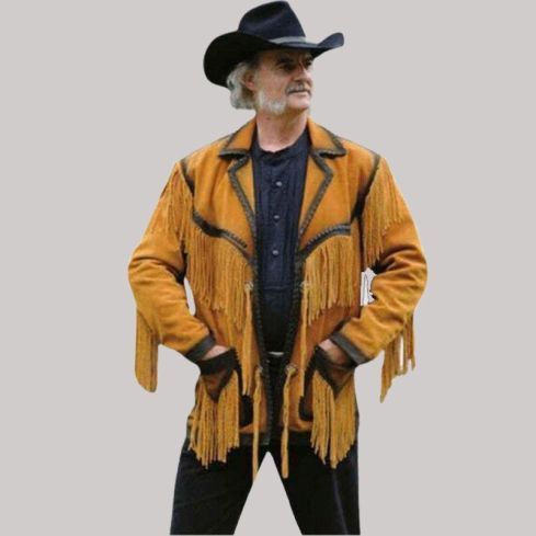 Cowboy Golden Brown Leather Jacket Western Style With Fringes for Men