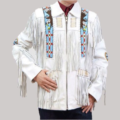 Cowboy Western Cowhide Leather Wear With Fringes Bones Jacket