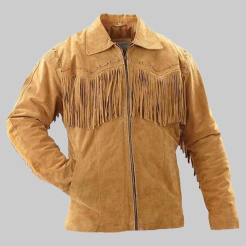 Cowboy Leather Western Wear With Fringes Beads Jacket
