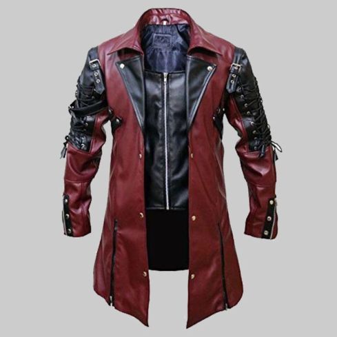 Faddy Rox Steampunk Gothic Men Faux Leather Maroon & Black Coat Jacket