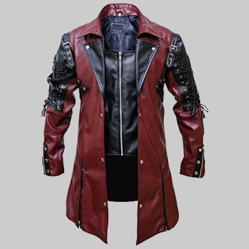 Faddyrox Men Gothic Faux Leather Steampunk Maroon & Black Coat Jacket
