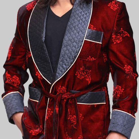 Floral Smoking Jacket With Quilted Collar & Cuffs