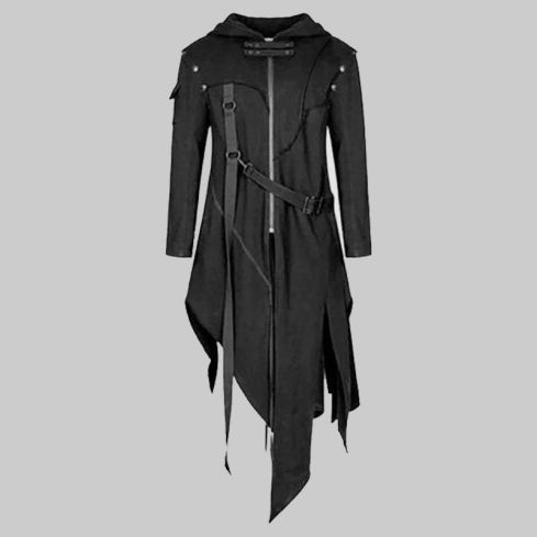 Gothic Punk Retro Irregular Length Zipper Strap Hooded Coat