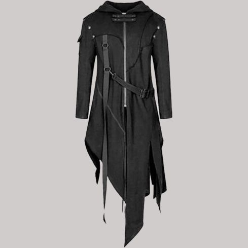 Gothic punk vintage retro irregular length zipper strap hooded coat