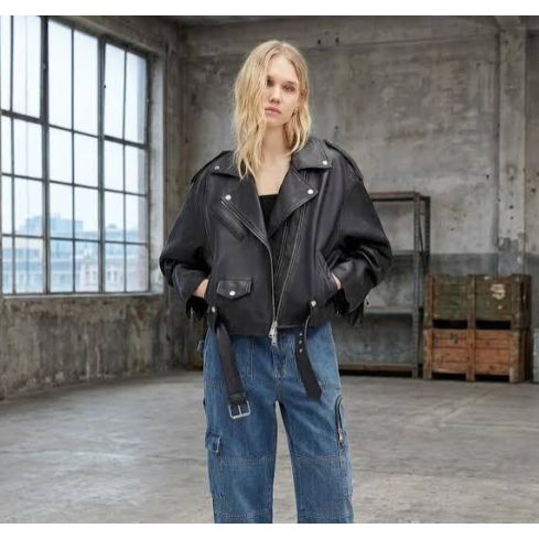 Women's Black Oversized Biker Leather Jacket