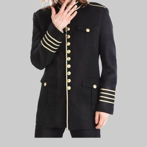Men black military Coat with gold buttons and bands