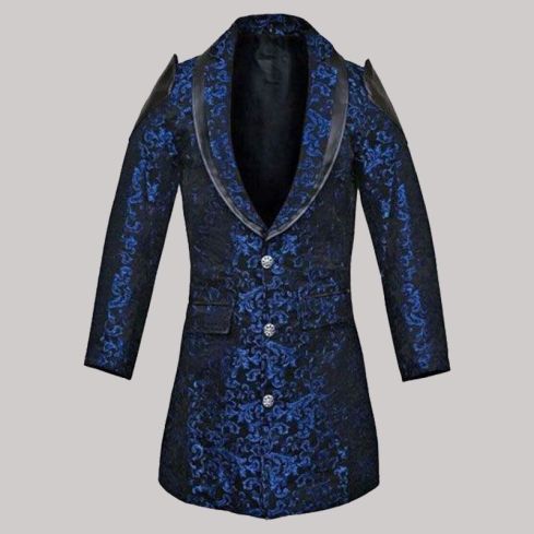 Men Blue Damask Steampunk Aristocrat Faux Leather Coat