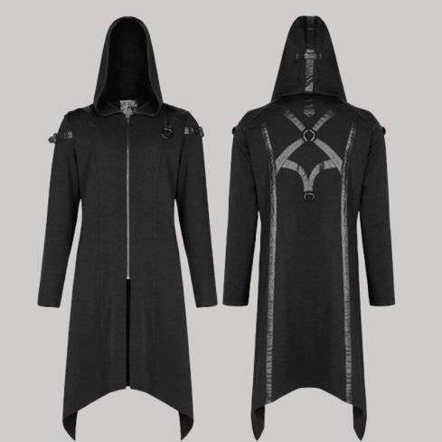 Men gothic front zip splicelongcoat with hood