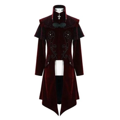 Men’s Handcrafted Red Velvet Steampunk Gothic Long Coat