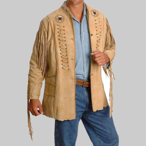 Mens Leather Cowboy Suede Jacket With Fringes Beads