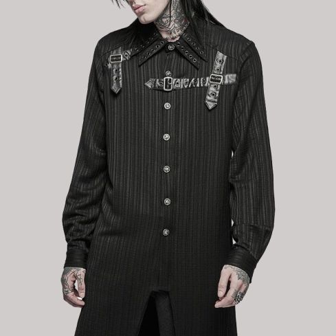 Mens Dark Gothic Longline Dovetail Shirt Black Stripe