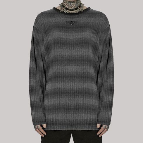Mens Dark Punk Striped Knit Sweater Top Black & Grey