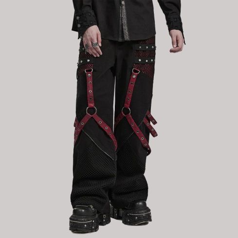 Mens Gothic Punk Wide Leg Mesh Panelled Pants Black & Red