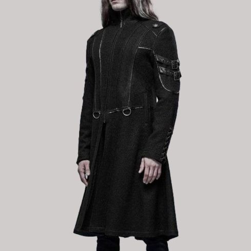 Mens gothic stand collar buckleblacklongjacket