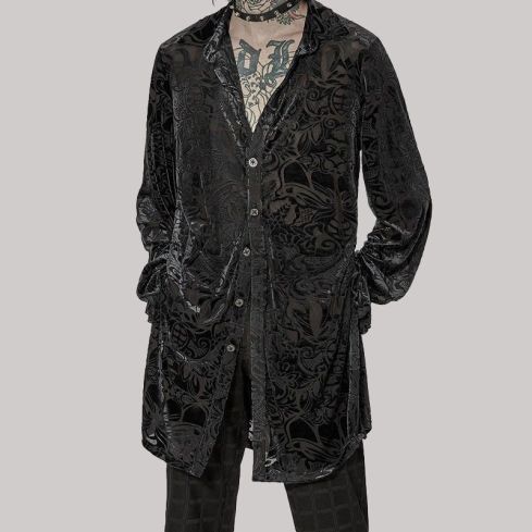 Mens Longline Baroque Gothic Velvet Flocked Shirt Black