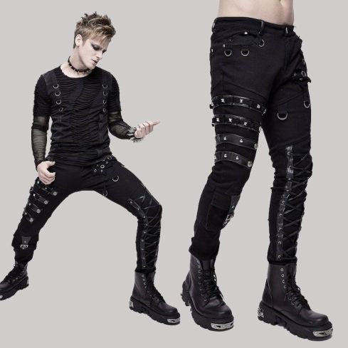 Mens trousers steampunk asymmetrical with loops design men emo party trousers.