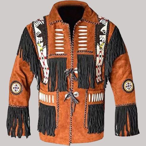 Native Western American Cowboy Brown Suede Leather Black Fringes Beads Coat for Men