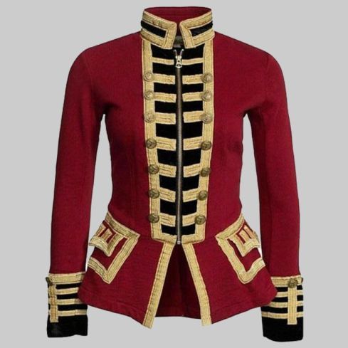 New Womens Red Wool French Terry Officers Military Band Jacket