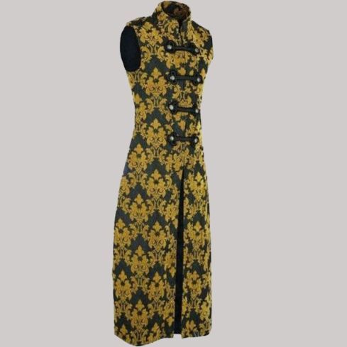 Unisex Fashion Long Gothic Waistcoat Coat Jacket Black Gold Damask Steampunk