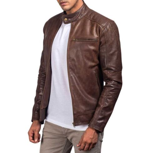 Men's Dark Brown Cowhide Leather Cafe Racer Jacket | Premium Genuine Cowhide Leather