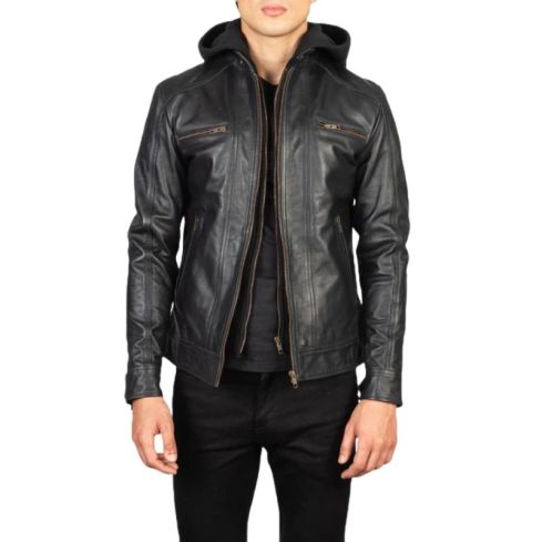 Hector Black Hooded Leather Biker Jacket