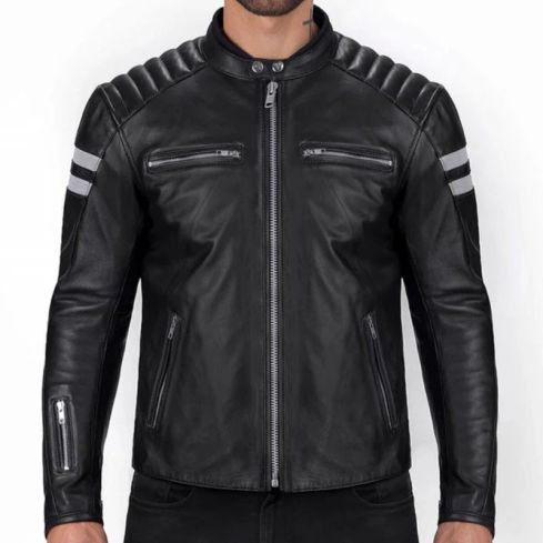 Men's Black Jacket with White Stripes | Premium Leather Biker Jacket