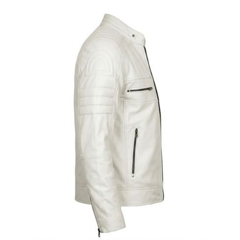 Men's Off White Cafe Racer Real Leather Jacket | Genuine Leather Biker Jacket