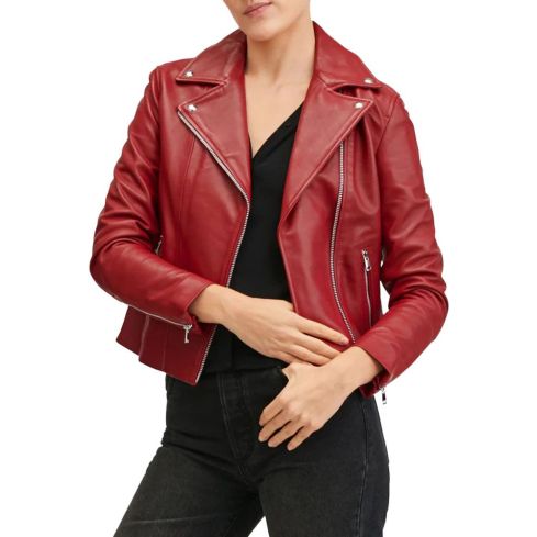 Women's Red Biker Leather Jacket