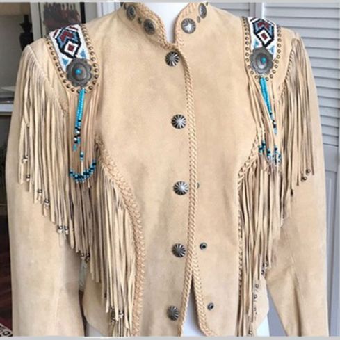 Unisex Western Suede Jacket With Fringe Beading