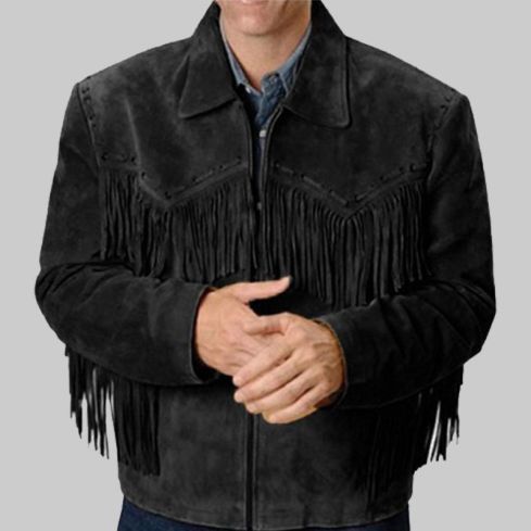 Men Western Wear With Fringes and Beads Leather Jacket